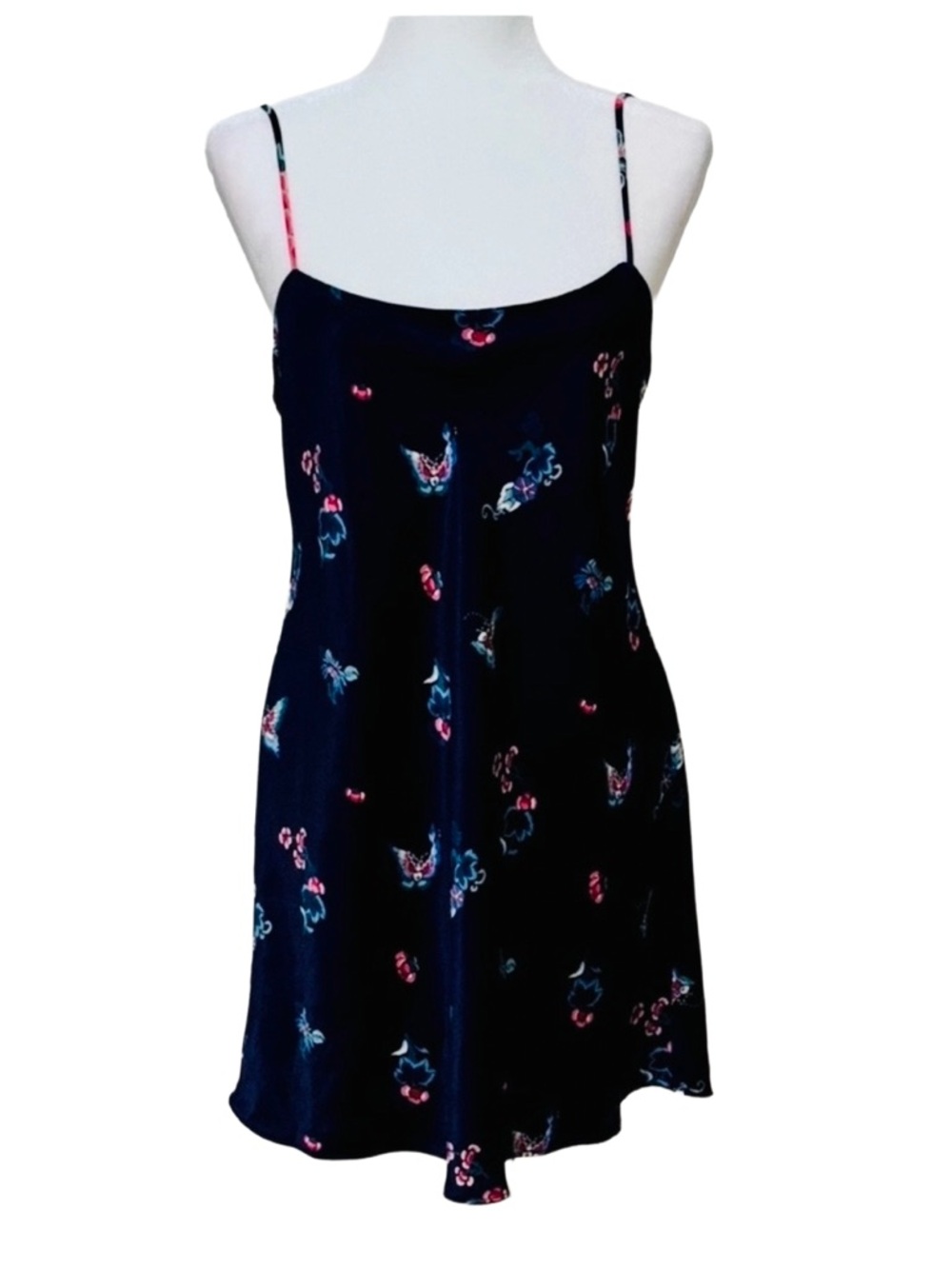 Vintage Natori Navy Satin Butterfly Floral Chemise Slip Dress M